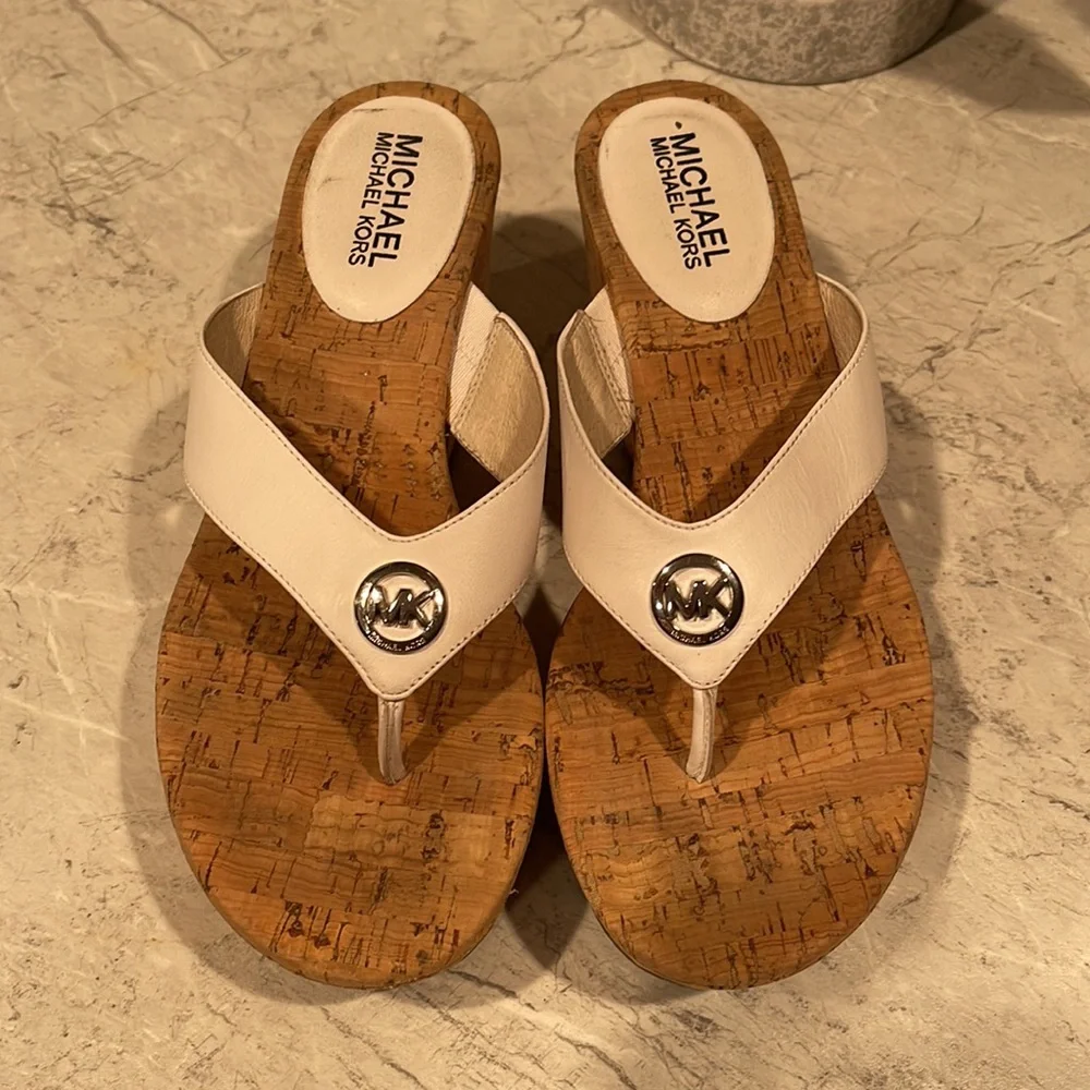 MICHAEL Michael Kors White Leather Cork Platform Thong Sandals